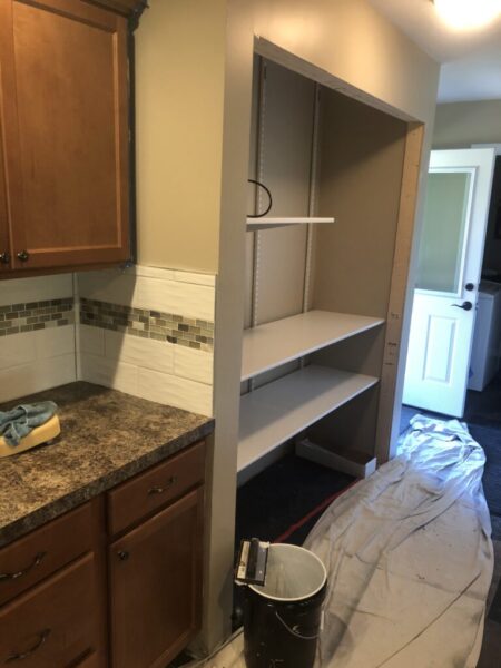 Add shelving, match trim, match tile backsplash